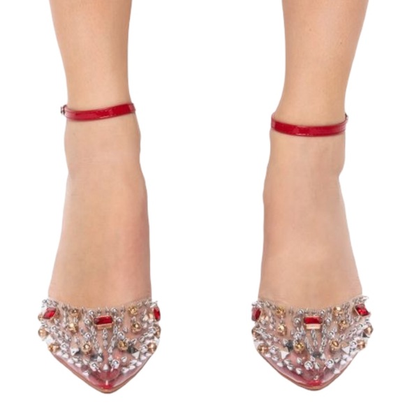 Azalea Wang Red Crystal Embellished Pointed Toe Mary Jane High Heel Pumps - Picture 5 of 5